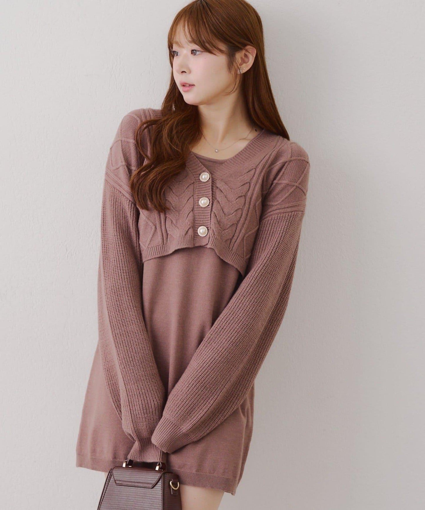 2套裝♪【RMAF】珍珠紐扣開衫+針織連衣裙