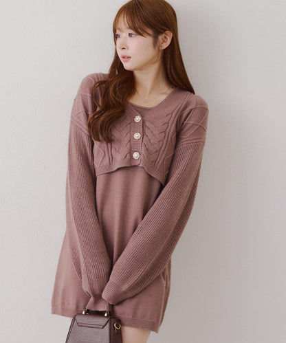 2套裝♪【RMAF】珍珠紐扣開衫+針織連衣裙