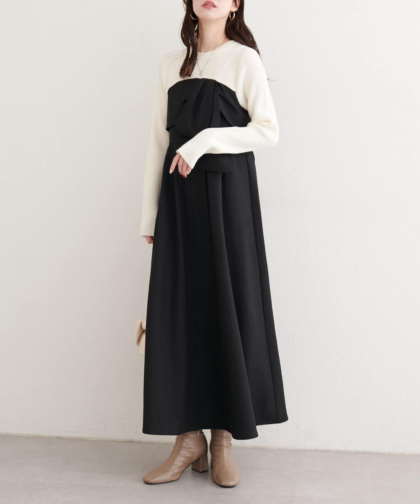 蝴蝶結風拼接連衣裙