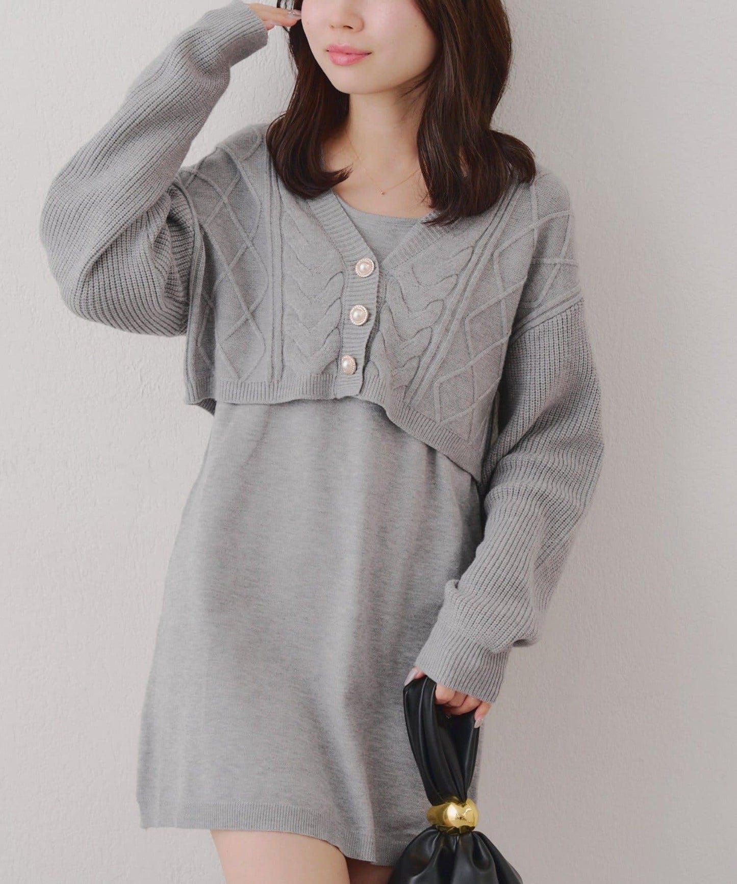 2套裝♪【RMAF】珍珠紐扣開衫+針織連衣裙