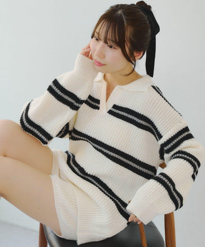 2套裝♪【RMAF】條紋針織POLO衫&針織短褲