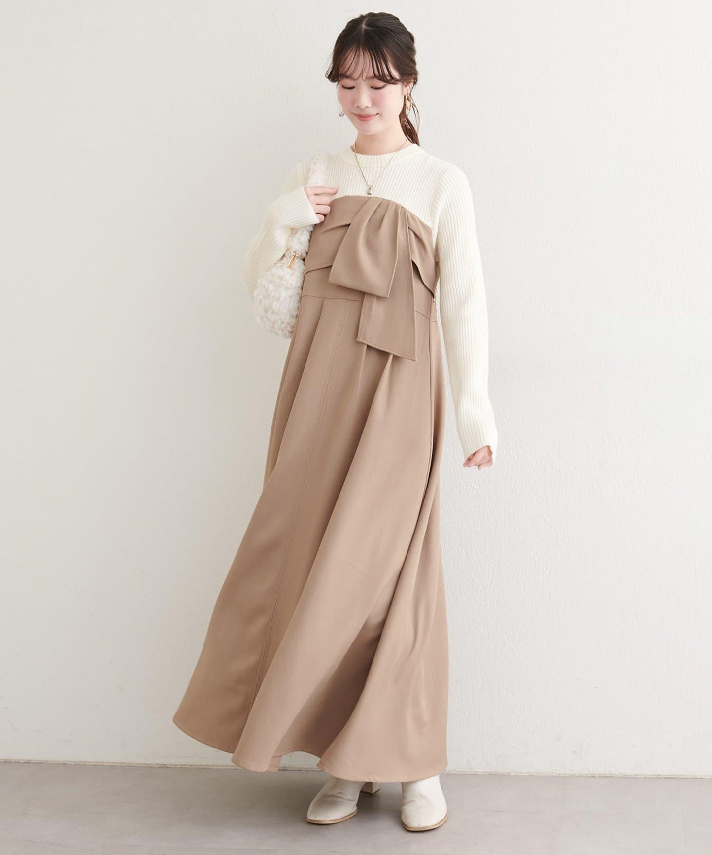 蝴蝶結風拼接連衣裙