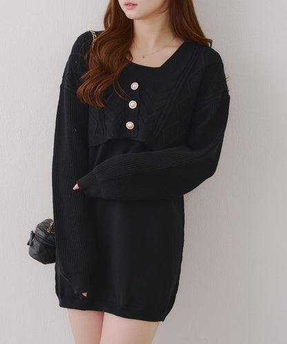 2套裝♪【RMAF】珍珠紐扣開衫+針織連衣裙