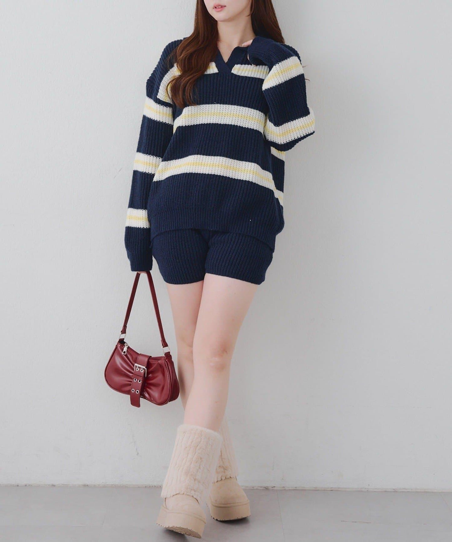 2套裝♪【RMAF】條紋針織POLO衫&針織短褲