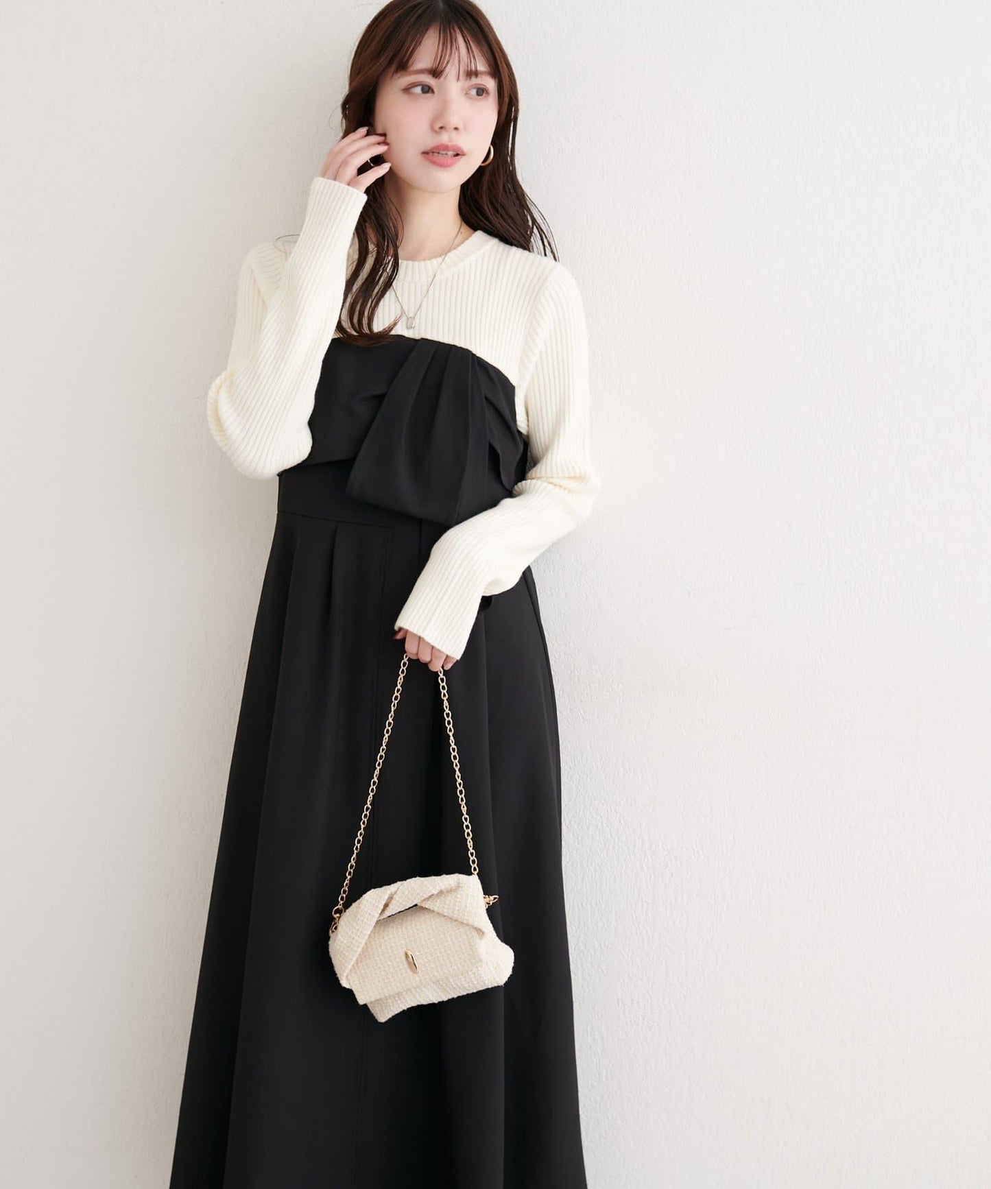 蝴蝶結風拼接連衣裙