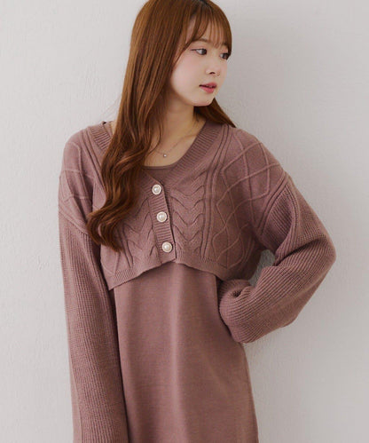 2套裝♪【RMAF】珍珠紐扣開衫+針織連衣裙