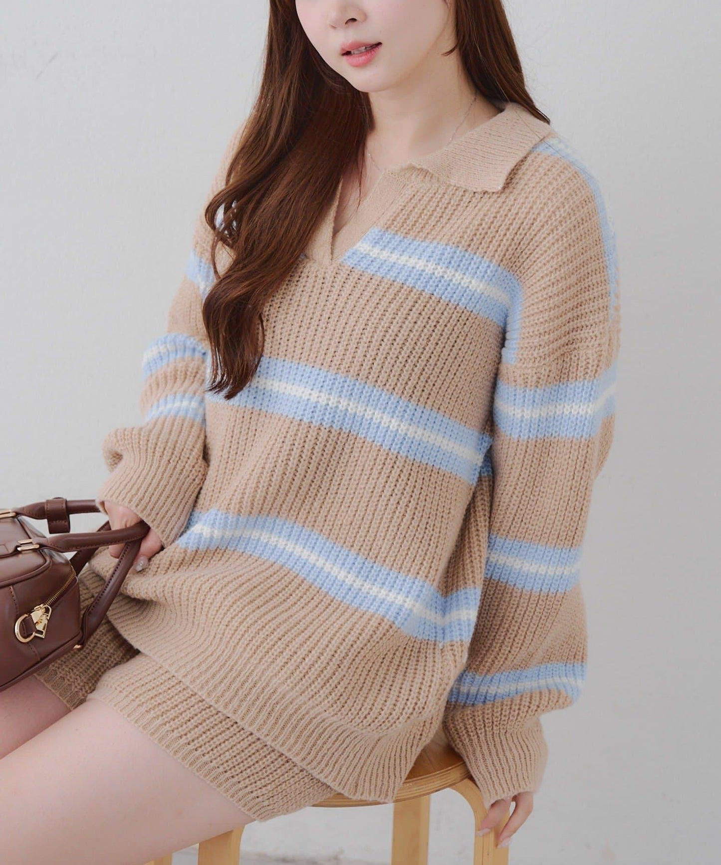 2套裝♪【RMAF】條紋針織POLO衫&針織短褲