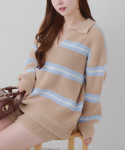 2套裝♪【RMAF】條紋針織POLO衫&針織短褲