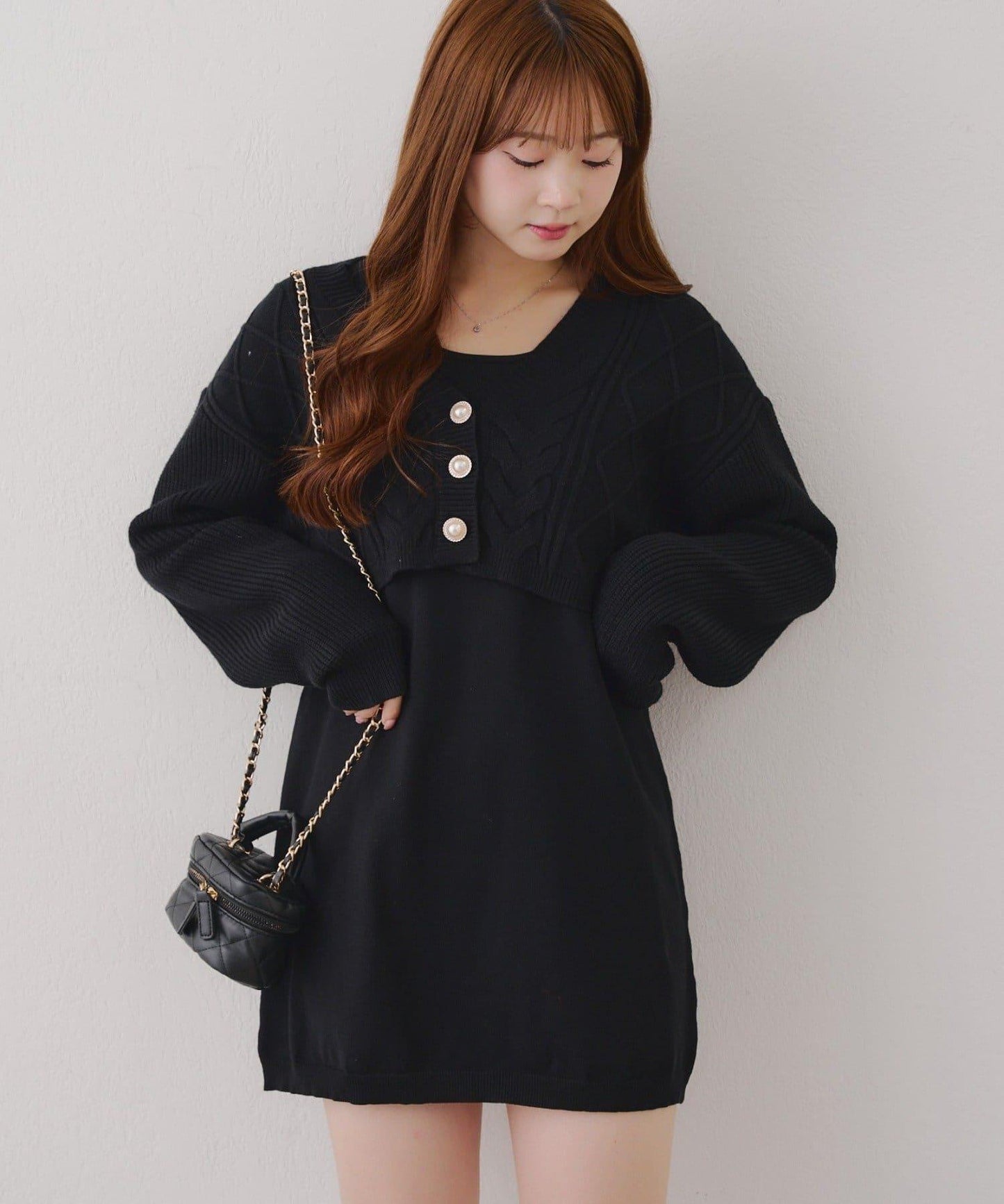 2套裝♪【RMAF】珍珠紐扣開衫+針織連衣裙