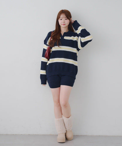 2套裝♪【RMAF】條紋針織POLO衫&針織短褲