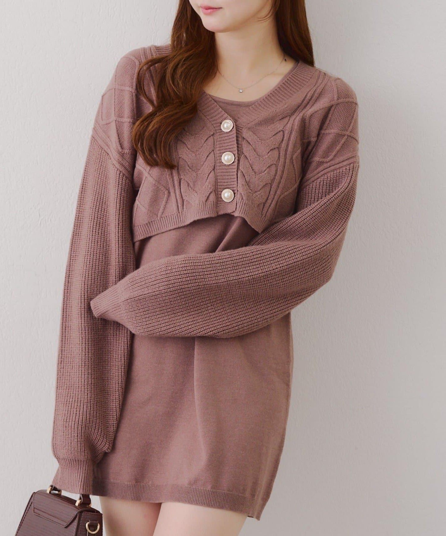 2套裝♪【RMAF】珍珠紐扣開衫+針織連衣裙