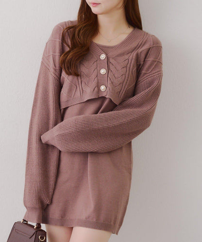 2套裝♪【RMAF】珍珠紐扣開衫+針織連衣裙