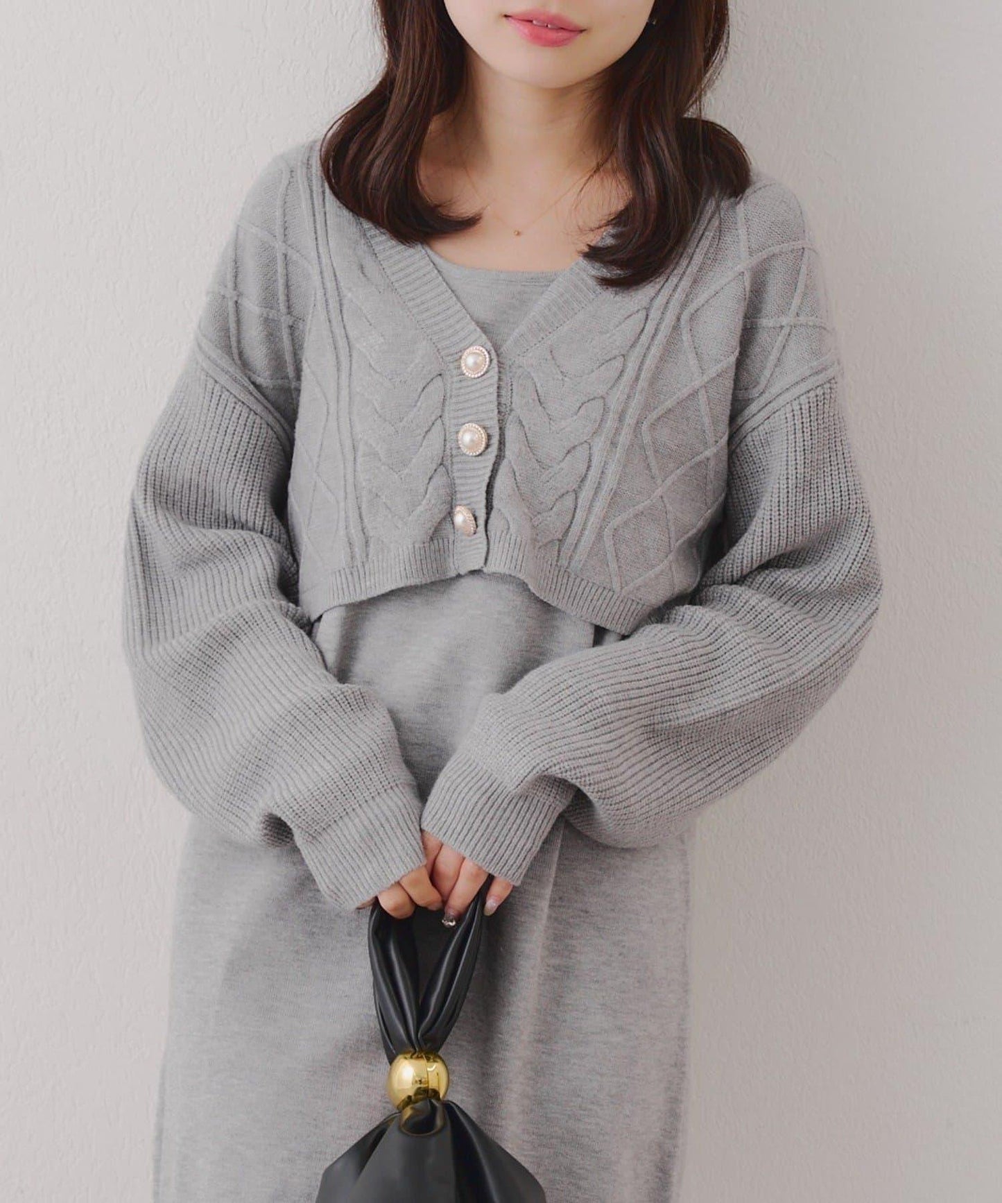 2套裝♪【RMAF】珍珠紐扣開衫+針織連衣裙