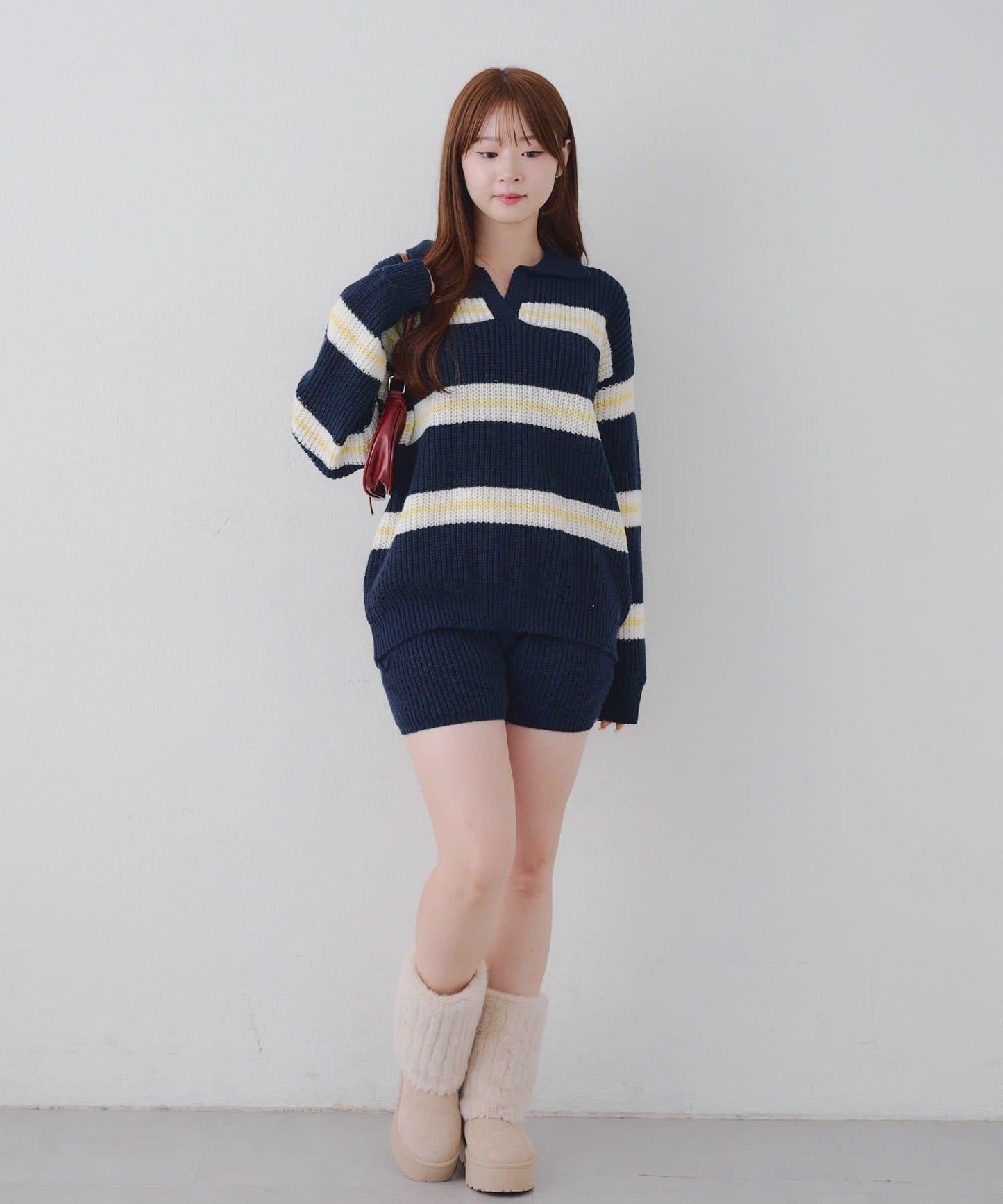 2套裝♪【RMAF】條紋針織POLO衫&針織短褲