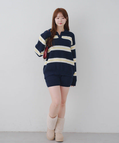 2套裝♪【RMAF】條紋針織POLO衫&針織短褲