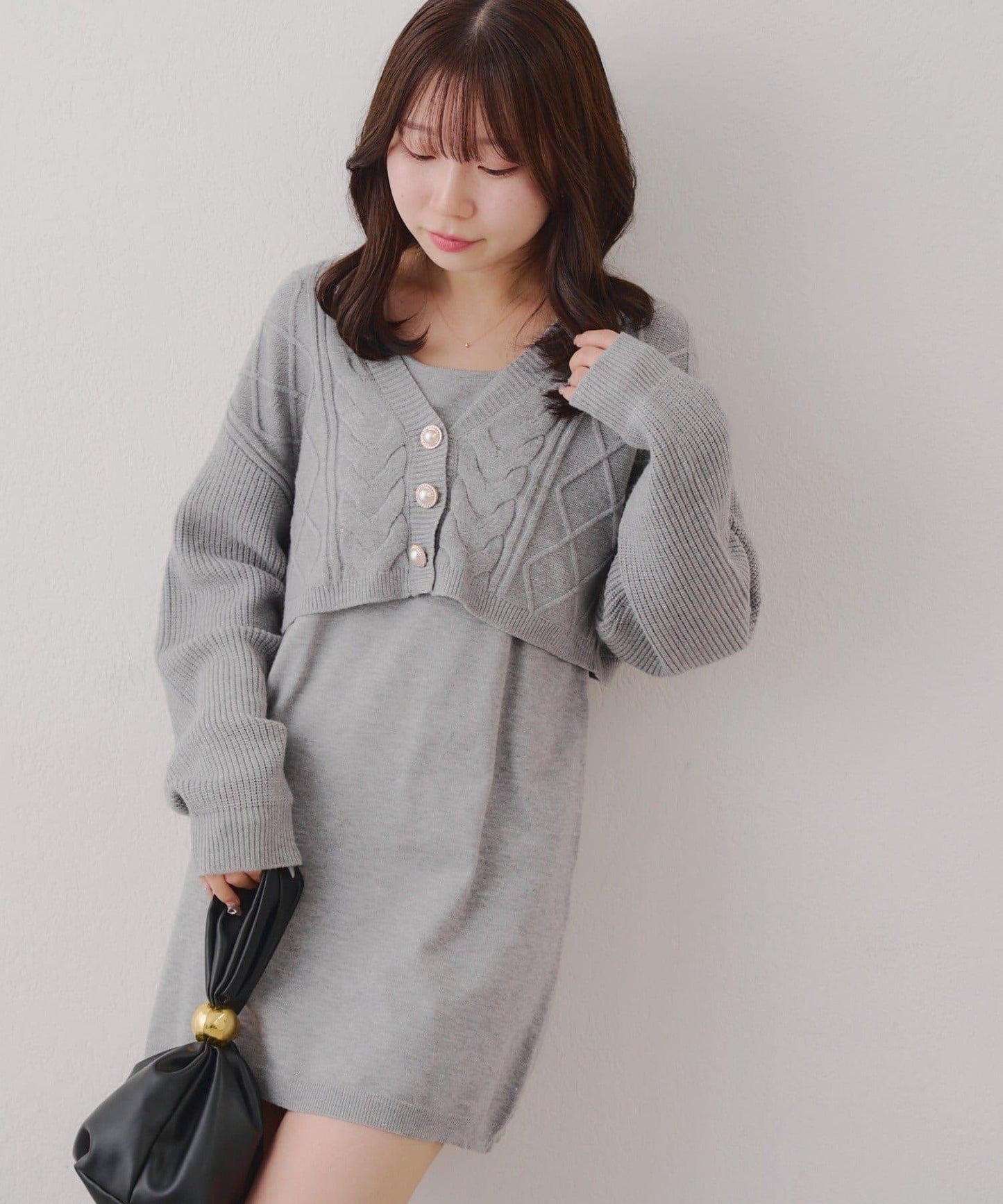 2套裝♪【RMAF】珍珠紐扣開衫+針織連衣裙