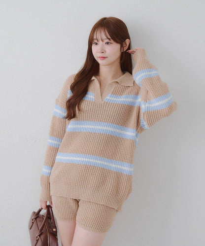 2套裝♪【RMAF】條紋針織POLO衫&針織短褲