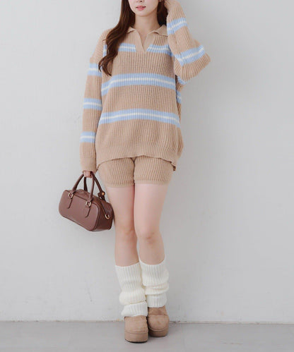 2套裝♪【RMAF】條紋針織POLO衫&針織短褲