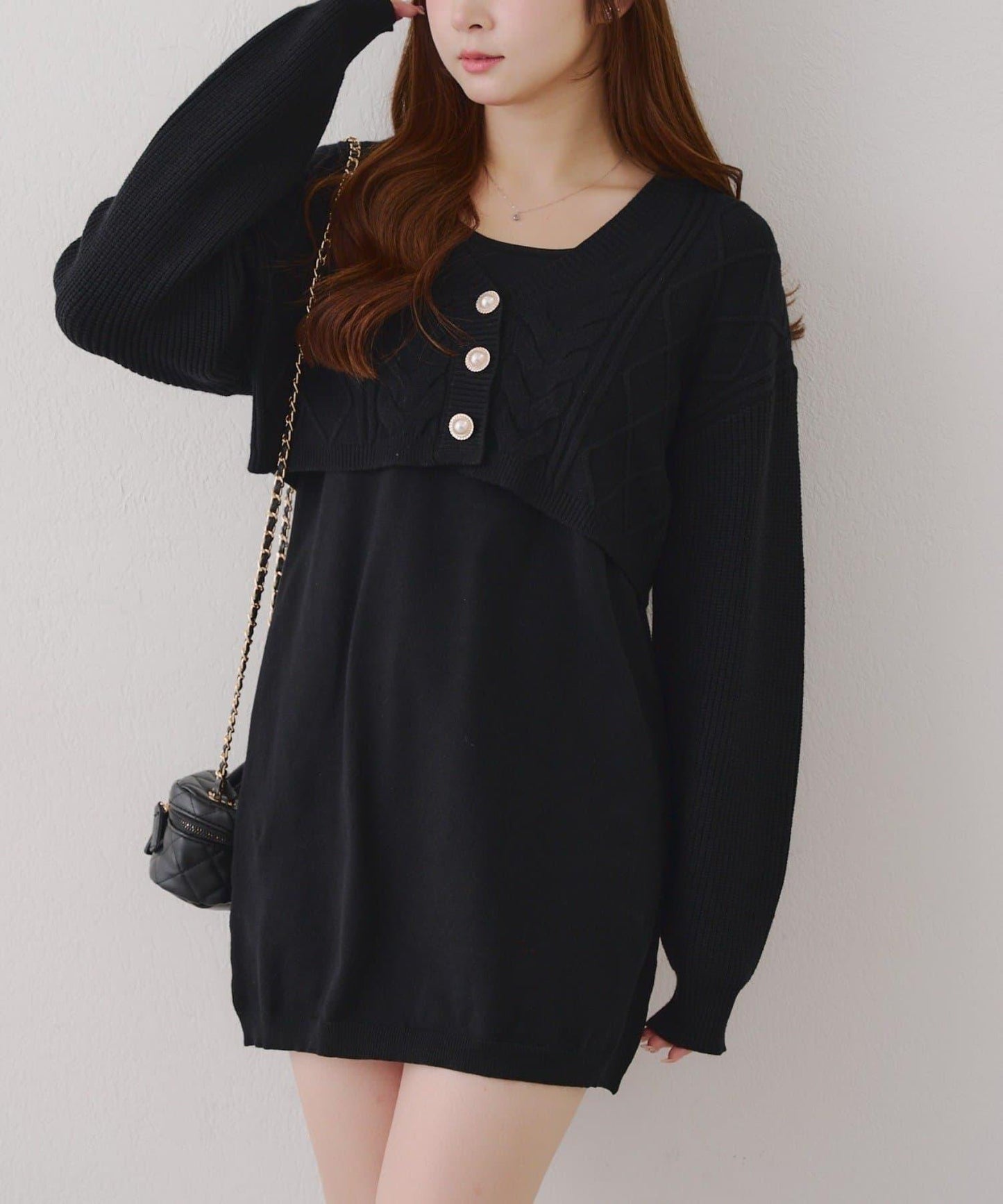 2套裝♪【RMAF】珍珠紐扣開衫+針織連衣裙