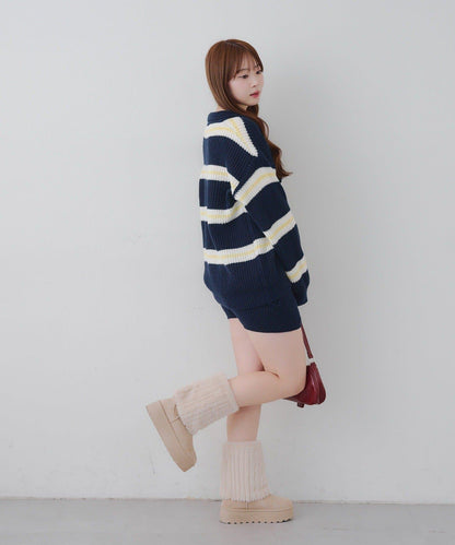 2套裝♪【RMAF】條紋針織POLO衫&針織短褲