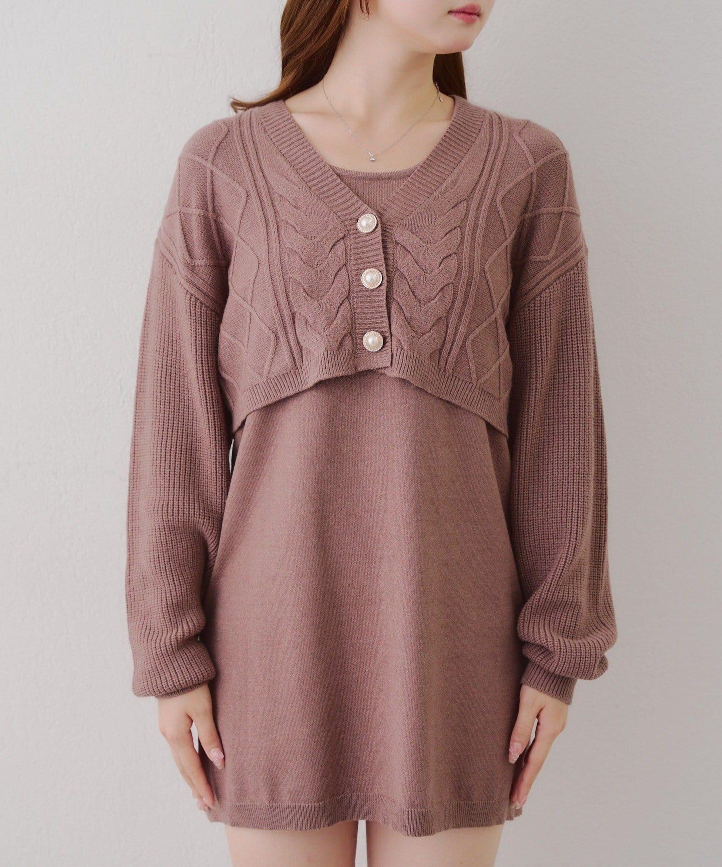 2套裝♪【RMAF】珍珠紐扣開衫+針織連衣裙