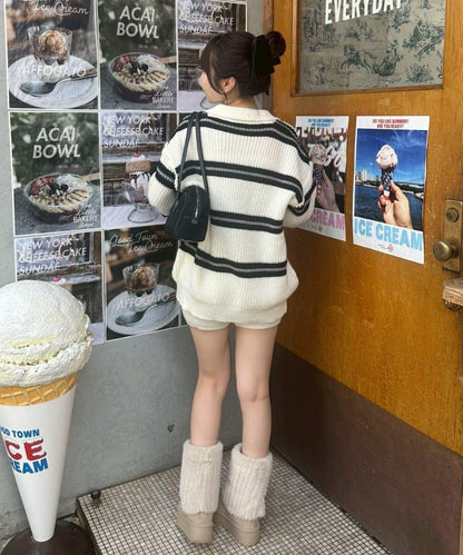 2套裝♪【RMAF】條紋針織POLO衫&針織短褲