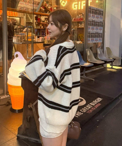 2套裝♪【RMAF】條紋針織POLO衫&針織短褲