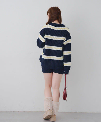 2套裝♪【RMAF】條紋針織POLO衫&針織短褲