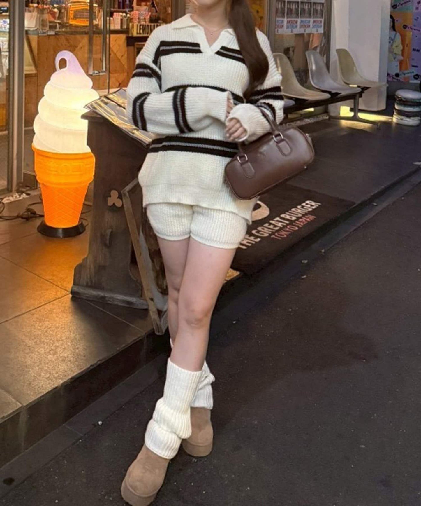 2套裝♪【RMAF】條紋針織POLO衫&針織短褲