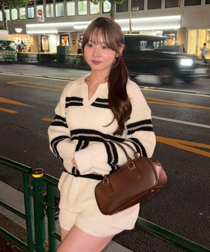 2套裝♪【RMAF】條紋針織POLO衫&針織短褲