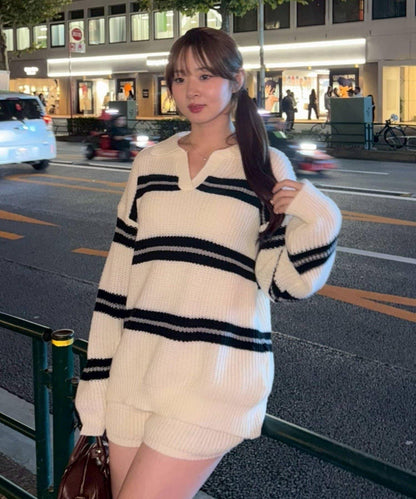 2套裝♪【RMAF】條紋針織POLO衫&針織短褲