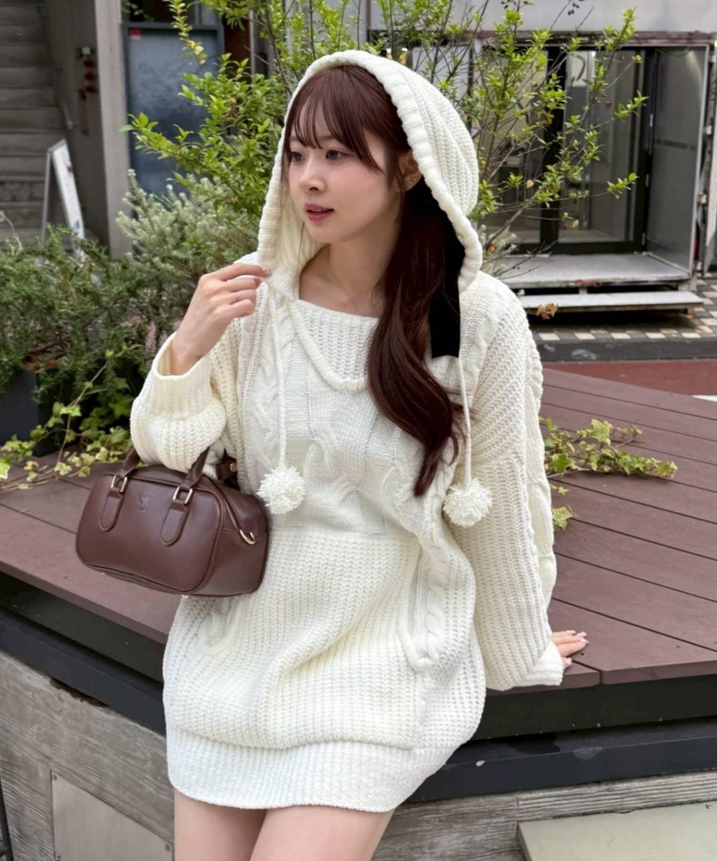 麻花編織連帽迷你連衣裙