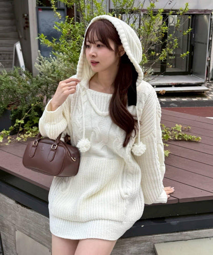 麻花編織連帽迷你連衣裙