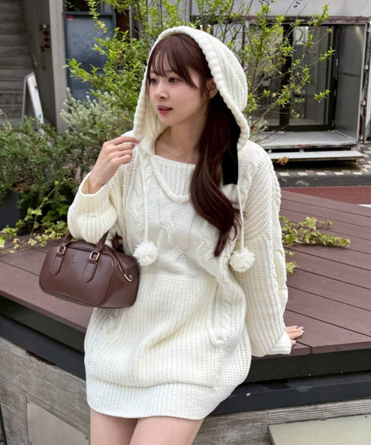 麻花編織連帽迷你連衣裙