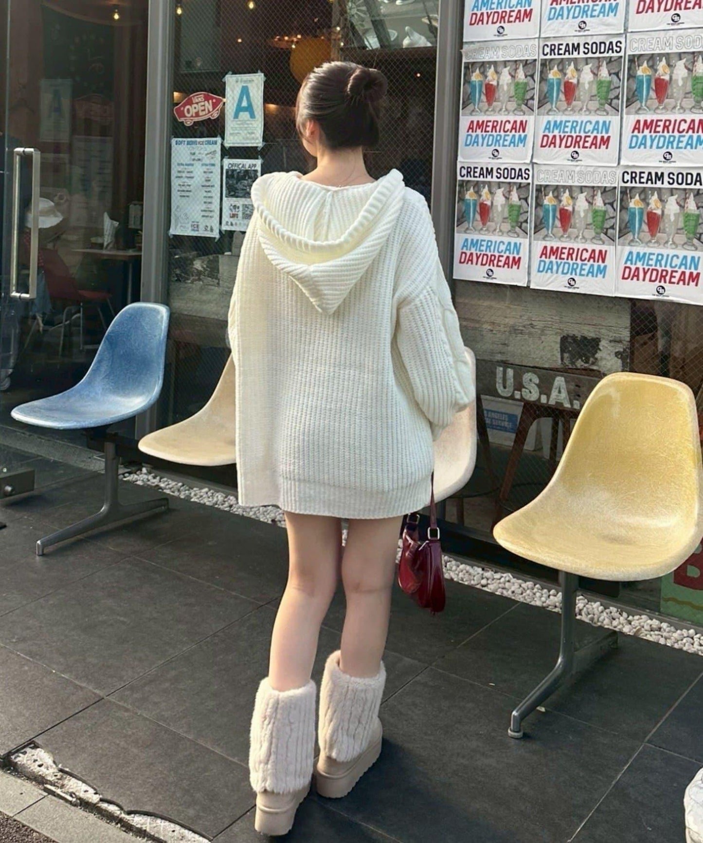 麻花編織連帽迷你連衣裙