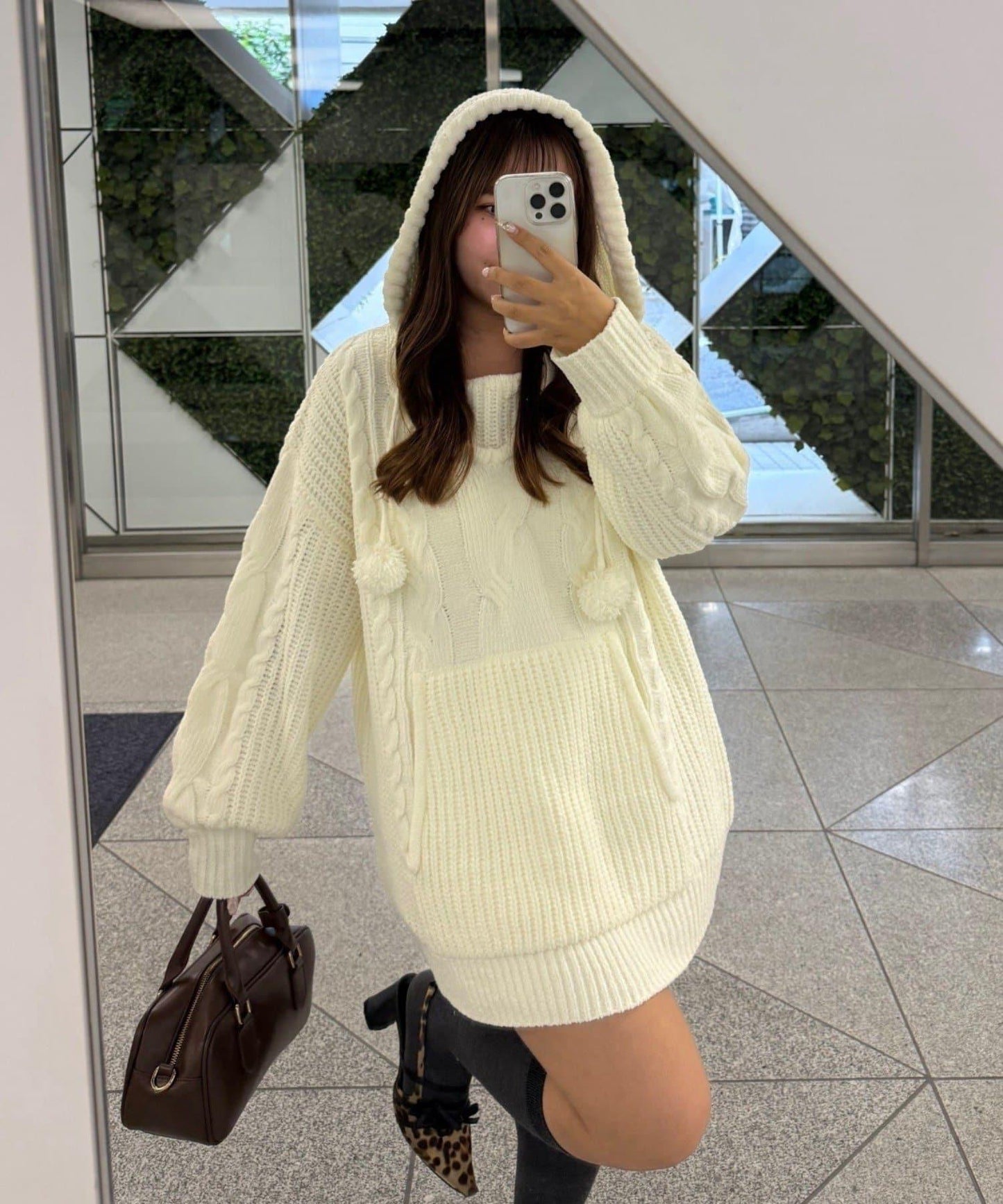 麻花編織連帽迷你連衣裙