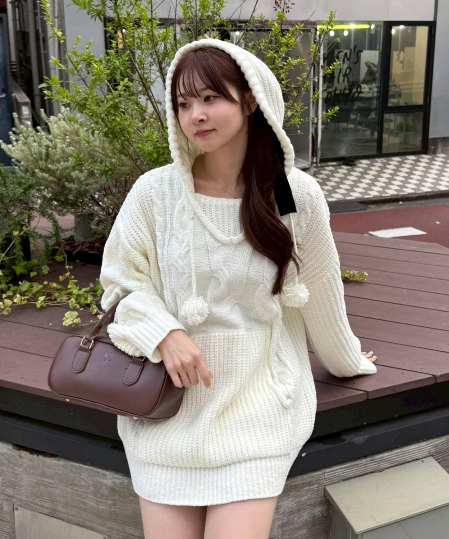 麻花編織連帽迷你連衣裙