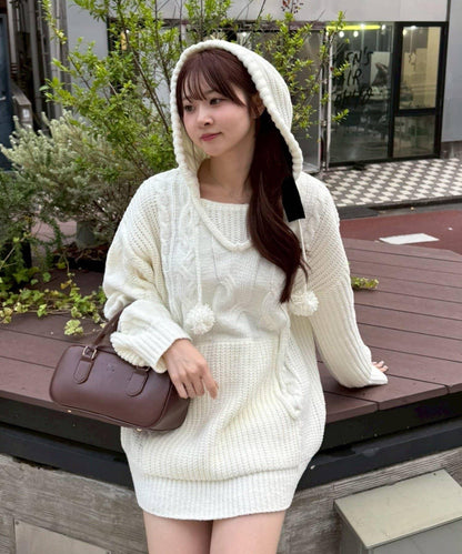 麻花編織連帽迷你連衣裙