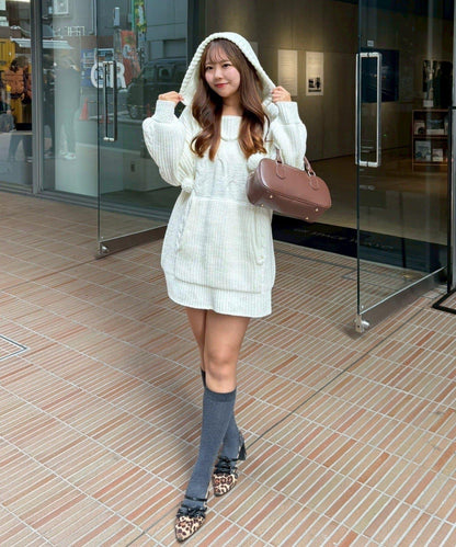 麻花編織連帽迷你連衣裙