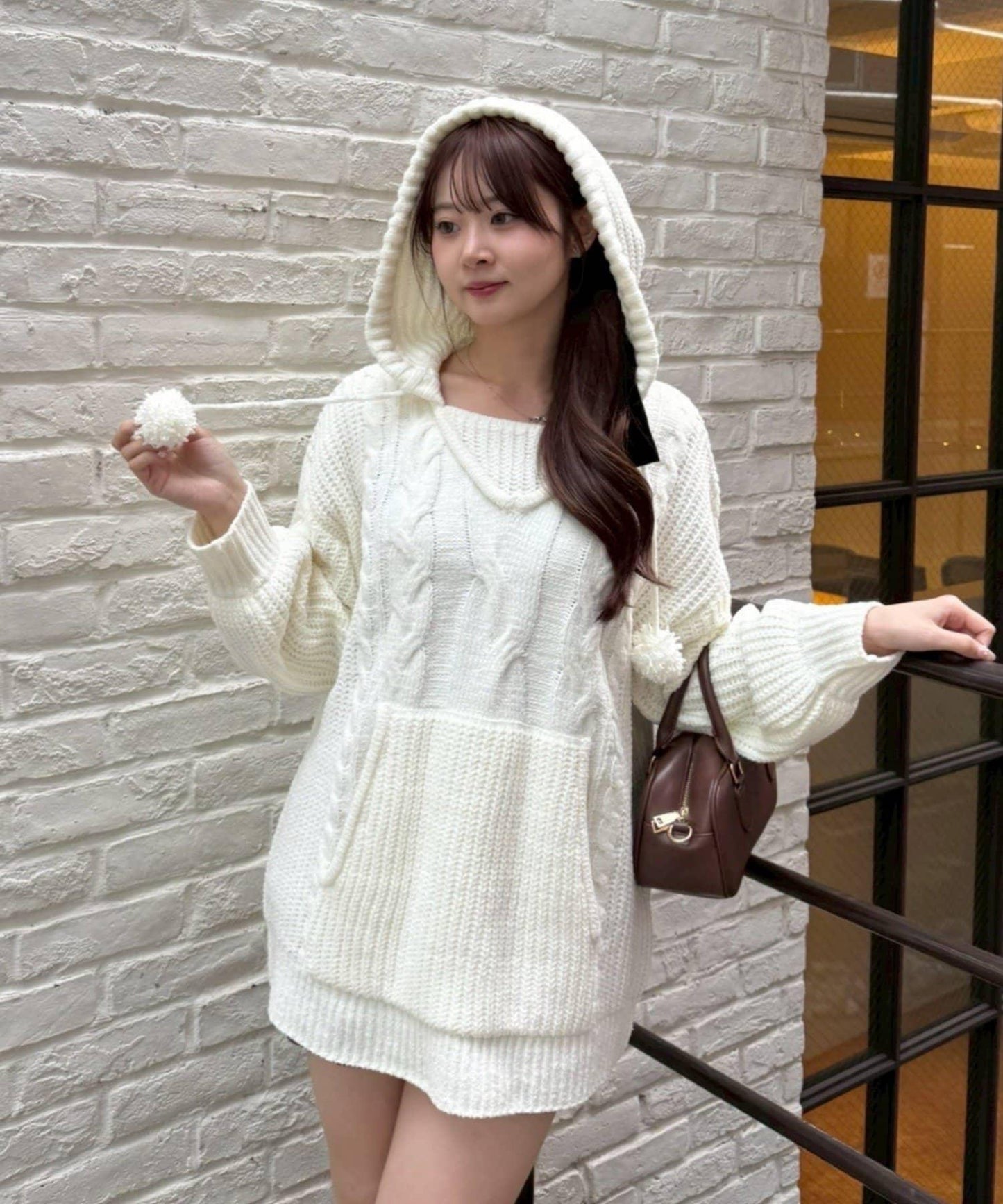 麻花編織連帽迷你連衣裙