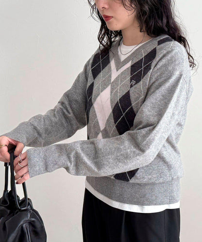 菱格紋嵌花V領針織衫