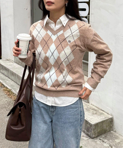 菱格紋嵌花V領針織衫