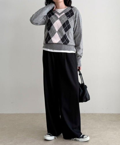 菱格紋嵌花V領針織衫