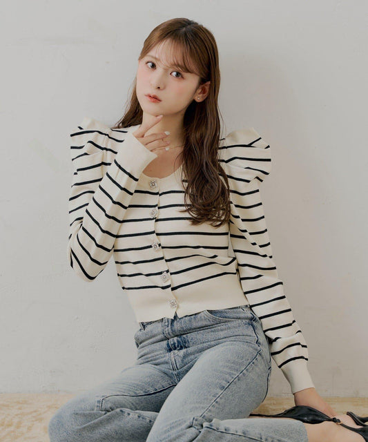 【SALON by Chico】珠飾紐扣泡泡袖設計開衫