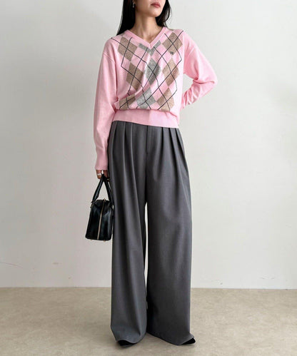 菱格紋嵌花V領針織衫