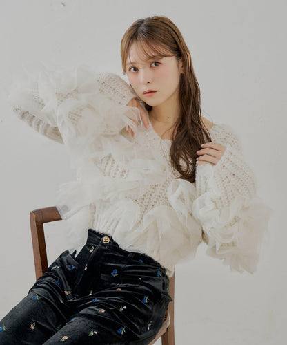 【SALON by Chico】不規則網紗拼接針織衫