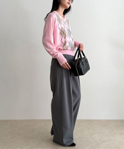 菱格紋嵌花V領針織衫