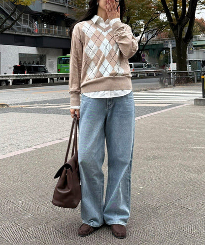 菱格紋嵌花V領針織衫