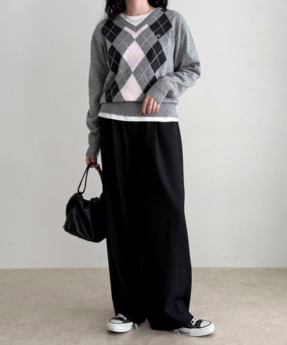 菱格紋嵌花V領針織衫