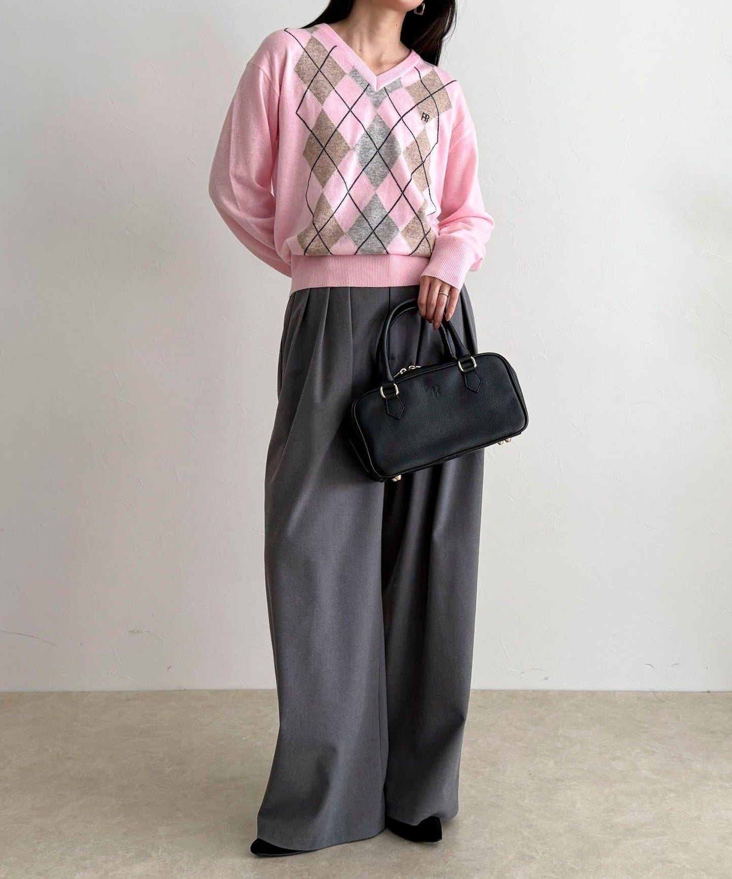 菱格紋嵌花V領針織衫